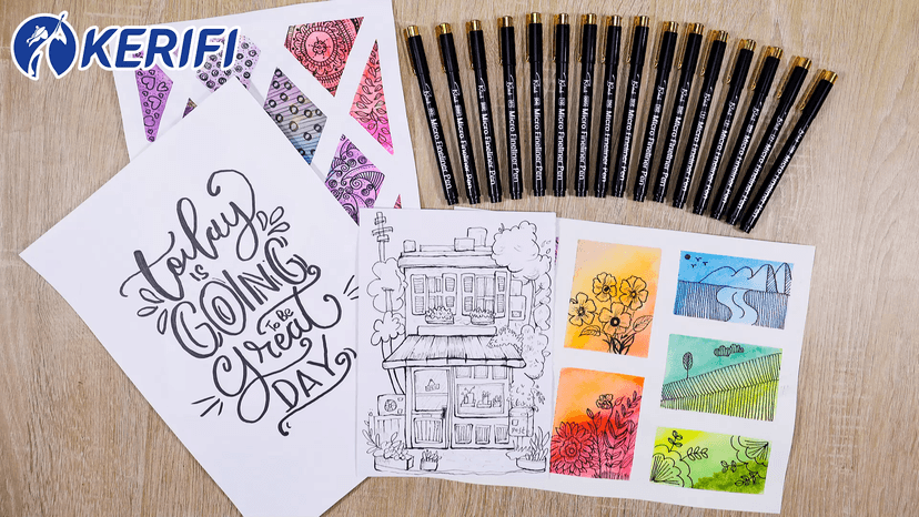 KERIFI Micro Fineliner Drawing Pens for Artists, 16 Black Fine Liner Markers, Waterproof Archival Ink Multiliner Pens, Technical Mandala Zentangle Book Accessories, Art Supplies Stuff Gifts for Adults
