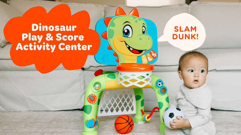 Move2Play, Dinosaur Basketball Hoop & Soccer Goal Activity Center | 30+ Sounds & Songs + 5 Lights | 1 2 3 Year Old for Boys and Girls | Toy & Gift for Baby & Toddlers B0FJSJHNHY