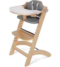 Cowiewie 3-in-1 Convertible Natural Wooden High Chair for Babies & Toddlers 3-Tier Remove & 2 Adjustable Wood Tray & 8 Levels Adjustable, 2 Waterproof Cozy Cushions Grey