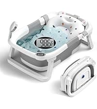 BUNWAG Baby Bathtub, Collapsible Newborn Bathtub for Infant to Toddler with Soft Cushion and Thermometer,Portable Travel Newborn Tub with No-Slip Feet, Baby Shower Gifts, 0-12 Months Baby Bath, Grey B0CTJXJL4T