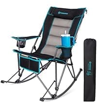 FUNDANGO Oversized Rocking Camping Chair for Adults, Portable Folding Lawn Chairs for Outside with Pillows, Wide Armrest, 2 Cup Holders, Carry Bag for Patio Garden Outdoor Supports 400Lbs (Black/Blue)