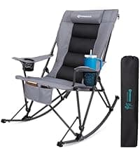 FUNDANGO Oversized Rocking Camping Chair for Adults, Portable Folding Lawn Chairs for Outside with Pillows, Wide Armrest, 2 Cup Holders, Carry Bag for Patio Garden Outdoor Supports 400Lbs (Black/Blue)