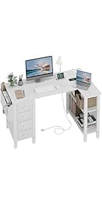 Lufeiya White Computer Desk with LED Lights and Power Outlets, 40 Inch Home Office Desks with Monitor Stand, Teen Writing Study Table Gaming Desk with Charging Station, White