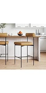 Nathan James Gracie Modern Counter Height Bar Stool with Back, Counter Stool Upholstered Chair with PU Leather and Brushed Wooden Legs, Light Brown, Set of 4