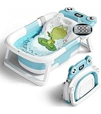 BUNWAG Baby Bathtub, Collapsible Newborn Bathtub for Infant to Toddler with Soft Cushion and Thermometer,Portable Travel Newborn Tub with No-Slip Feet, Baby Shower Gifts, 0-12 Months Baby Bath, Grey B0CTJXJL4T