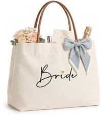 Engagement Gift for Bride, Wifey, Bachelorette Party Favors, Honeymoon, Wedding Essentials Bag with Leather Handle & Pocket Bridal Shower Gifts Bride Tote Bag for Bride to Be, Future Mrs B0GTV3F3QJ