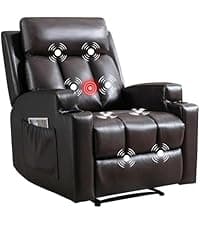 CANMOV Manual Recliner Chair with Massage and Heat,Breathable Leather Recliner Chair with Armrest and Backrest, Manual Reclining Single Sofa with 2 Cup Holders, Side Pocket for Living Room,Dark Brown
