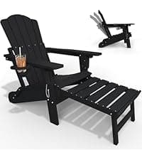 THOEOE Folding Adirondack Chair,HDPE All-Weather Outdoor Chair with Cup Holder,Wooden Textured,Fire Pit Chair,Plastic Patio Chair for Deck,Backyard,Garden,Lawn, Black