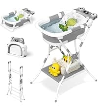 BUNWAG Baby Bathtub, Collapsible Newborn Bathtub for Infant to Toddler with Soft Cushion and Thermometer,Portable Travel Newborn Tub with No-Slip Feet, Baby Shower Gifts, 0-12 Months Baby Bath, Grey B0CTJXJL4T