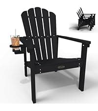 THOEOE Folding Adirondack Chair,HDPE All-Weather Outdoor Chair with Cup Holder,Wooden Textured,Fire Pit Chair,Plastic Patio Chair for Deck,Backyard,Garden,Lawn, Black