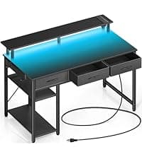 Seventable Computer Desk 47.2" with LED Lights & Power Outlets, Home Office Desk with 4 Drawers, Writing Desk with Keyboard Tray, Study Table with Monitor Stand, Work Desks for Home Office, Black