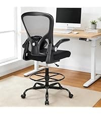 Drafting Chair, Tall Office Chair for Standing Desk, Mesh High Desk Chair with Flip-Up Armrests, Ergonomic Office Chair with Lumbar Support, Adjustable Footrest Ring Studio Chair, Black