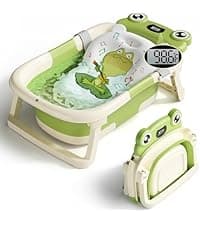 BUNWAG Baby Bathtub, Collapsible Newborn Bathtub for Infant to Toddler with Soft Cushion and Thermometer,Portable Travel Newborn Tub with No-Slip Feet, Baby Shower Gifts, 0-12 Months Baby Bath, Grey B0CTJXJL4T
