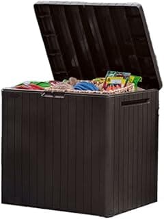 Keter City 30 Gallon Resin Outdoor Storage Box and Patio Furniture Side Table for Pool and Garden Accessories, Brown