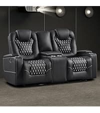 CANMOV Electric Power Recliner Chair with USB Ports and Cup Holders, Breathable Leather Home Theater Seating with Hidden Arm Storage (Black)