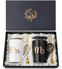 Gifts for Anniversary Bride and Groom, 14oz Ceramic Mr and Mrs Mug Set with Real Gold Foil, Greeting Card, Gift Box Biching Wedding Gifts for Couples 2026, Bridal Shower Engagement Gift B0CF3SG6DX