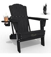 THOEOE Folding Adirondack Chair,HDPE All-Weather Outdoor Chair with Cup Holder,Wooden Textured,Fire Pit Chair,Plastic Patio Chair for Deck,Backyard,Garden,Lawn, Black