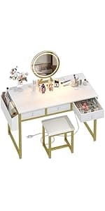 Lufeiya White Computer Desk with LED Lights and Power Outlets, 40 Inch Home Office Desks with Monitor Stand, Teen Writing Study Table Gaming Desk with Charging Station, White
