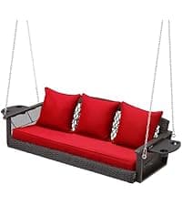 HOMREST 3 Seat Outdoor Porch Swing with Adjustable Canopy, Convertible Patio Swing Bed with Stand, Patio Glider Swing with Upgraded Cup Holder, Thicken Cushions & Pillow for Backyard(Wine Red)