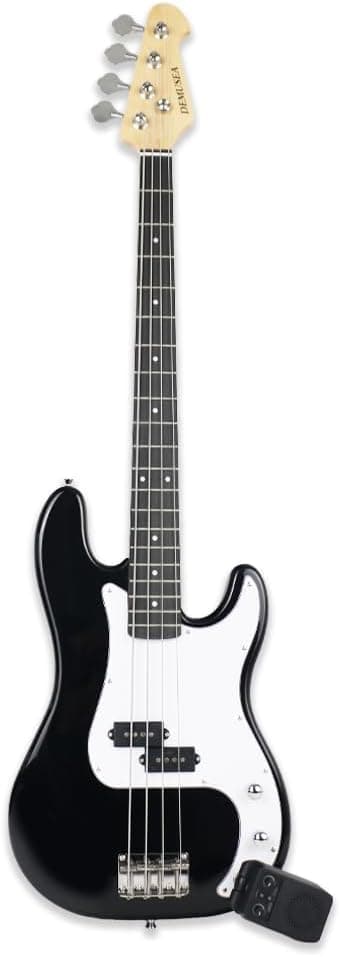 Full size 4strings electric bass guitar kit package black color with 5W portable plug and play amplifier travel amp set with strap gig bag bundle for beginner starter practice (BKPB-30)