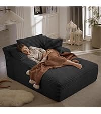 65.4" Chaise Lounge Chair Indoor, Corduroy Oversized Boneless Lounge Chair Single Sofa Bed with 3 Pillows, Deep Seat Comfy Upholstered Reading Chair for Living Room, Bedroom, Apartment Beige