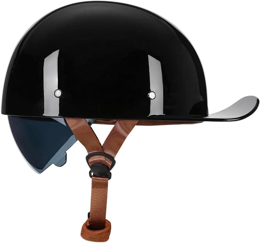 Vintage Retro Open Face Motorcycle Helmet Baseball Cap Half Helmets with pull-down Lens for Men Women Moped Cap Jet Scooter Street Cruiser - DOT Certified (Gloss Black,Medium)