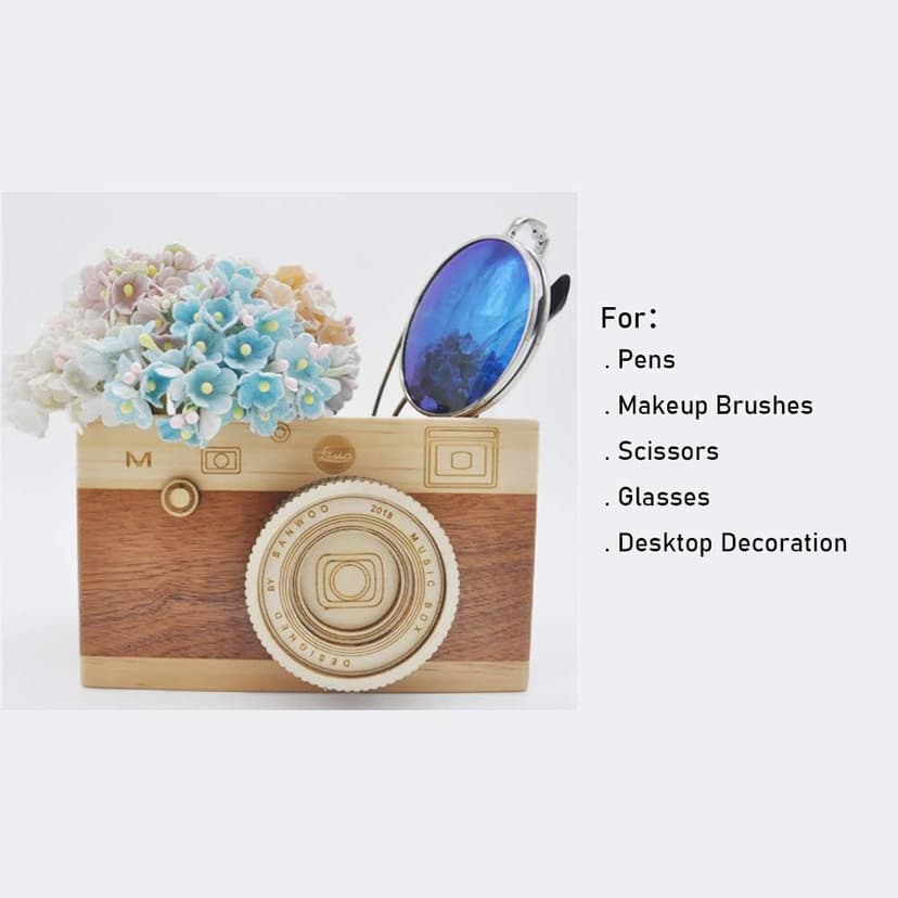 Zak-ka Camera Wooden Pencil Holder Creative Desktop Pencil Holder Stationary Makeup Organizer Decor Holder for Office Home (camera)