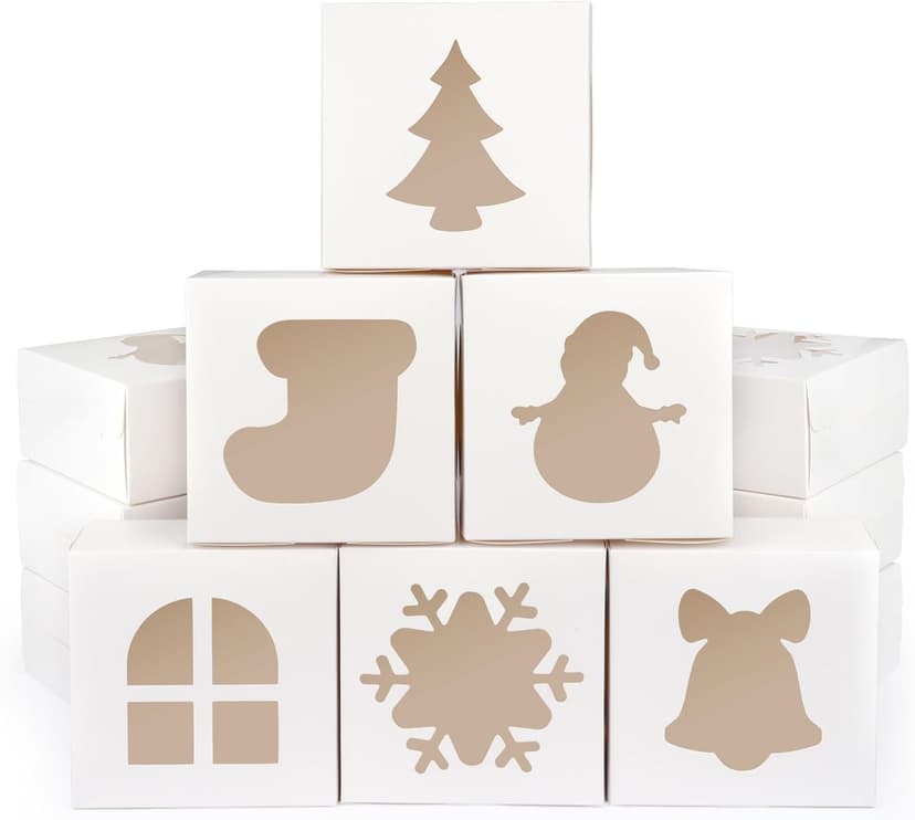 12 PCS Christmas Cookie Boxes, 6×6×3 Inches Treat Boxes Tin, Small Pastry Boxes with Window, for Gift Giving Packaging Dessert Bakery Cupcake Baked Goods (White)