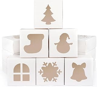 12 PCS Christmas Cookie Boxes, 6×6×3 Inches Treat Boxes Tin, Small Pastry Boxes with Window, for Gift Giving Packaging Dessert Bakery Cupcake Baked Goods (White)