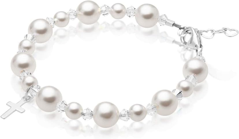 Baby Crystals Pearl Bracelets for Girls, Sterling Silver Cross Charm, Baptism Gifts for Girl, Baby Bracelet with Simulated White Pearls and Crystals, Girls Jewelry Birthday Gift
