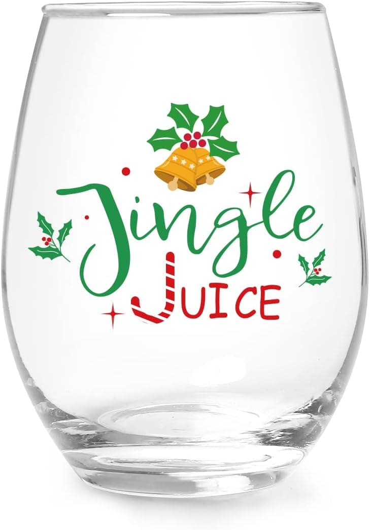 Jogskeor Jingle Juice Christmas Wine Glass, 15 Oz Christmas Stemless Wine Glass for Friends Women Men, New Year Gift Idea for Christmas Wedding Party