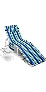 Yestomo Beach Chairs for Adults Heavy Duty, Compact Portable Lay Flat Folding Chair with Backpack Straps and Large Cooler Pouch, Support to 350LBS (Stripes_Blue&Cyan)