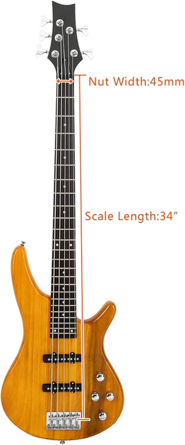 Ktaxon 5 String Electric Bass Guitar, Full Size Standard Right Handed Rosewood Fretboard Bass Kit with Gig Bag Strap Cable Wrench Tool (Yellow)
