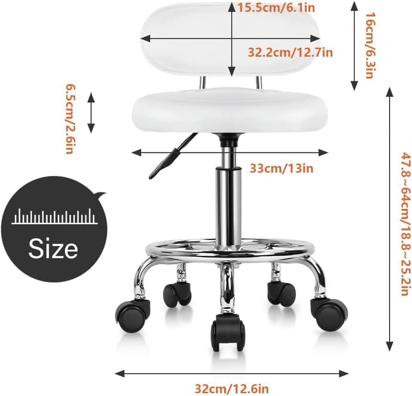 KKTONER PU Leather Modern Rolling Stool with Low Back Height Adjustable Work Salon Drafting Swivel Task Chair with Footrest (White)