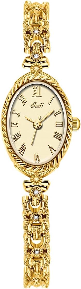 CARLIEN Fashion Vintage Gold Oval Quartz Watches for Women - Alloy Steel Band Slim Bracelet - Roman Numerals Numbers - Dainty Elegant Dress Wristwatch Waterproof