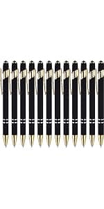 LINFANC 12 Pack Black Gold Ballpoint Pen with Stylus Tip, 1.0 mm Black Ink Smooth Writing Pens, Metal Stylus Pens for Touch Screens