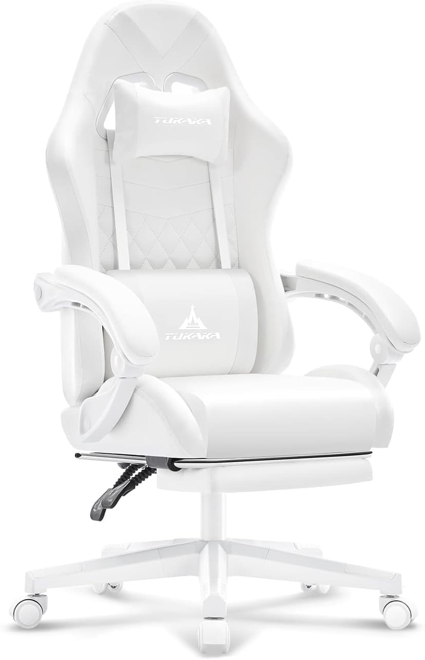White Gaming Chair,Ergonomic Massage Computer Office Desk Chair with Footrest,Pocket Spring Cushion,Reclining Leather Adjustable Gamer Chair with Headrest and Lumbar Support,White