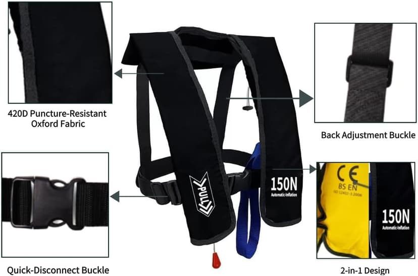 Automatic Inflatable Life Jacket | Low Profile PFD for Adults | Compact Design Self Inflating Life Vest | Supports up to 330 lbs