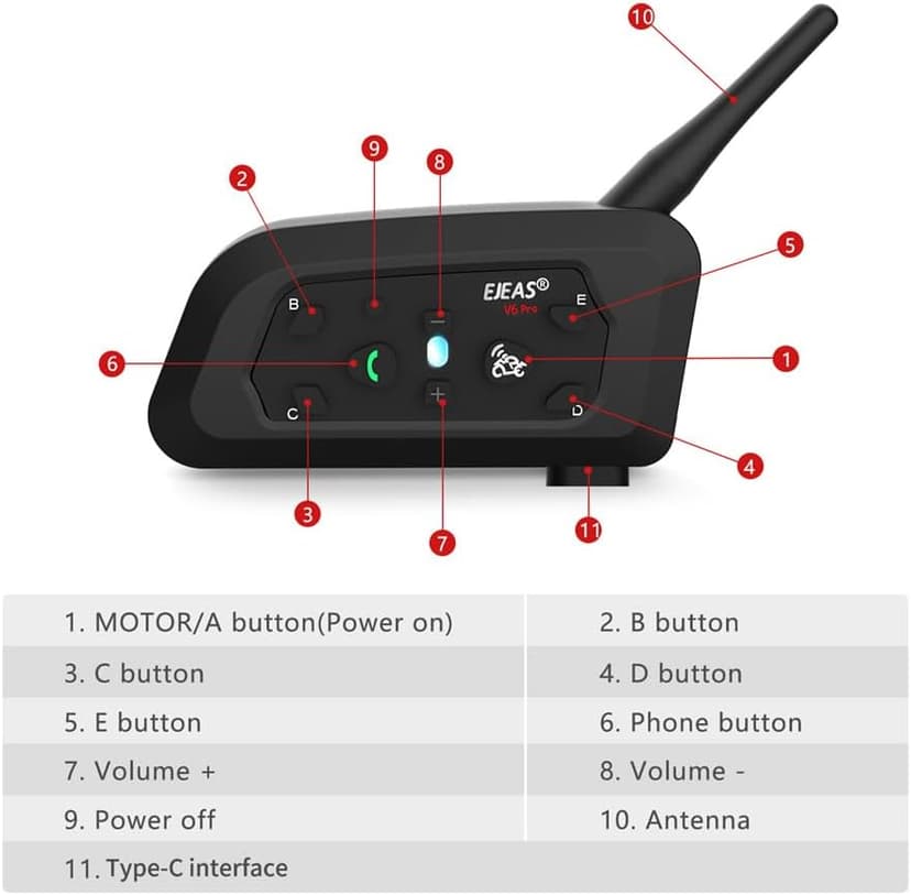 EJEAS V6 Pro Bluetooth Mesh Communication Systems Headset with 1200m Waterproof/Noise Reduction/Hands-Free Calls/Music & GPS, Motorbike/ATV/Dirt Bike/Skiing/Motorcycle Helmet Intercom(2 Pack)