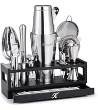 KITESSENSU Cocktail Shaker Set Bartender Kit with Stand | Bar Set Drink Mixer Set with All Essential Accessory Tools: Martini Shaker, Jigger, Strainer, Mixer Spoon, Muddler, Liquor Pourers |Silver B08BYJ8KSR