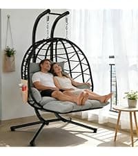 Suteck Double Hanging Egg Chair with Stand, Outdoor Indoor 2 Person Wicker Egg Swing Chair with Cushion, 700lbs Capacity for Patio, Bedroom, Garden - Black