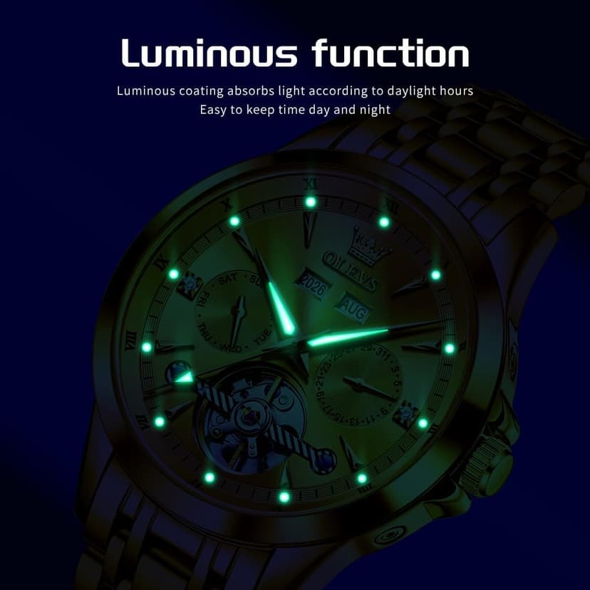 OLEVS Automatic Watches for Men Luxury Skeleton Multi-Function Mechanical Watch Self Winding Date Waterproof Luminous Mens Watch