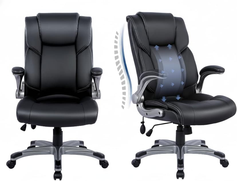 COLAMY Leather Executive Office Chair- High Back Home Computer Desk Chair with Padded Flip-up Arms, Adjustable Tilt Lock, Swivel Rolling Ergonomic Chair for Adult Working Study-Black, Set of 2