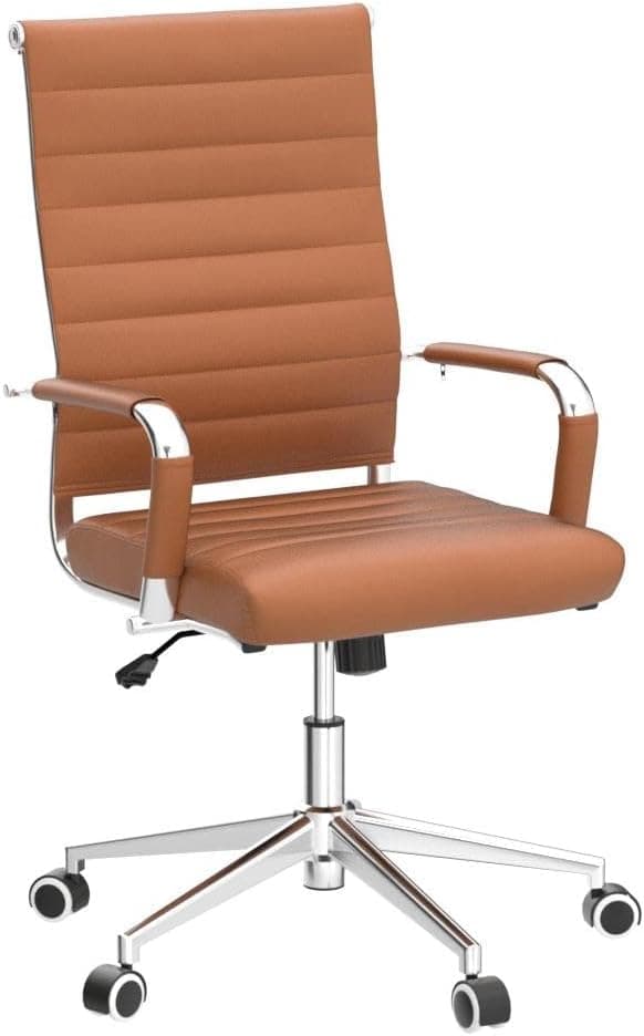 Okeysen Office Desk Chair, Ergonomic Leather Modern Conference Room Chairs, Executive Ribbed Height Adjustable Swivel Rolling Chair for Home Office. (Brown)