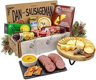 Dan the Sausageman Silver Star Gourmet Meat & Cheese Gift Box – Original & Garlic Summer Sausages, Sweet Hot Mustard, Sockeye Salmon, Water Crackers, Almond Roca – 8-Item Holiday Snack Box