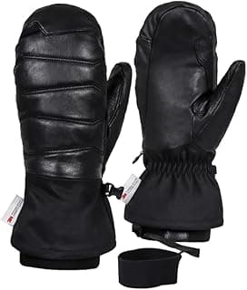 Harssidanzar Winter Leather Ski Mittens for Men Women Goatskin Outdoor Thermal Waterproof Insulation Gloves KM066US