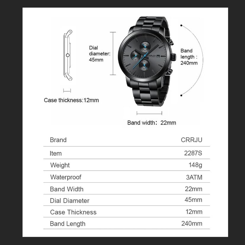 CRRJU Mens Stylish Casual Quartz Watches for Men Luxury Waterproof Calendar Chronograph Japan Movement Wristwatches