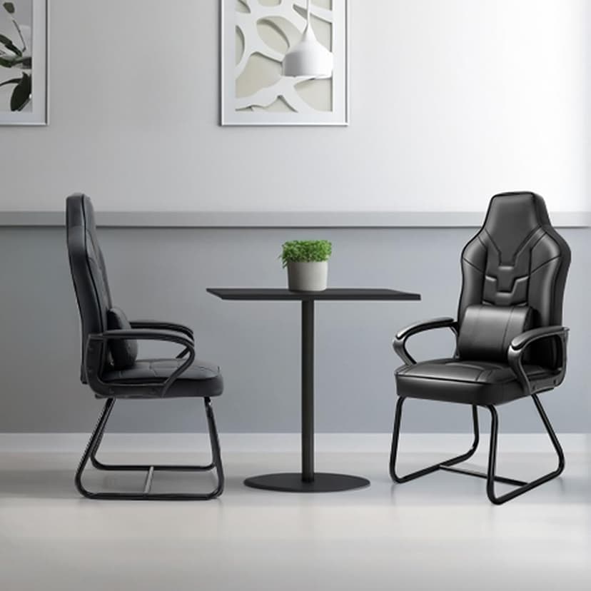 Leather Office Guest Chair No Wheels High Back Computer Reception Chairs with Padded Arms Waist Pillow for Gaming Meeting Conference Waiting Room, Black