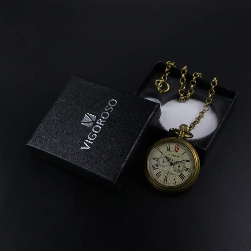 VIGOROSO Men's Vintage Full Copper Hand-Wind Mechanical Second&24hours Sub-dials Pocket Watch in Box
