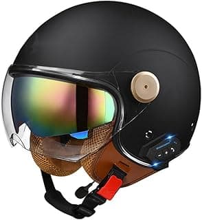 Retro 3/4 Bluetooth Motorcycle Open Face Half Helmet Microphone Dual Speakers and Double Visor Vintage Half Face Motorbike Bluetooth Helmet DOT Approved for Adults Men and Women